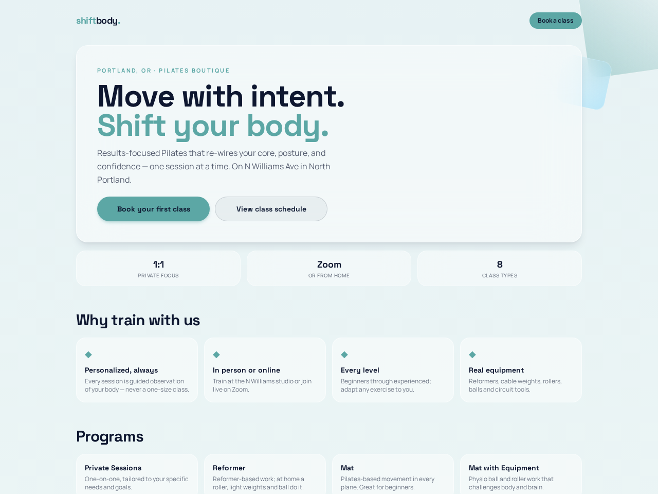 Home page of ShiftBody Portland, a Pilates boutique landing page