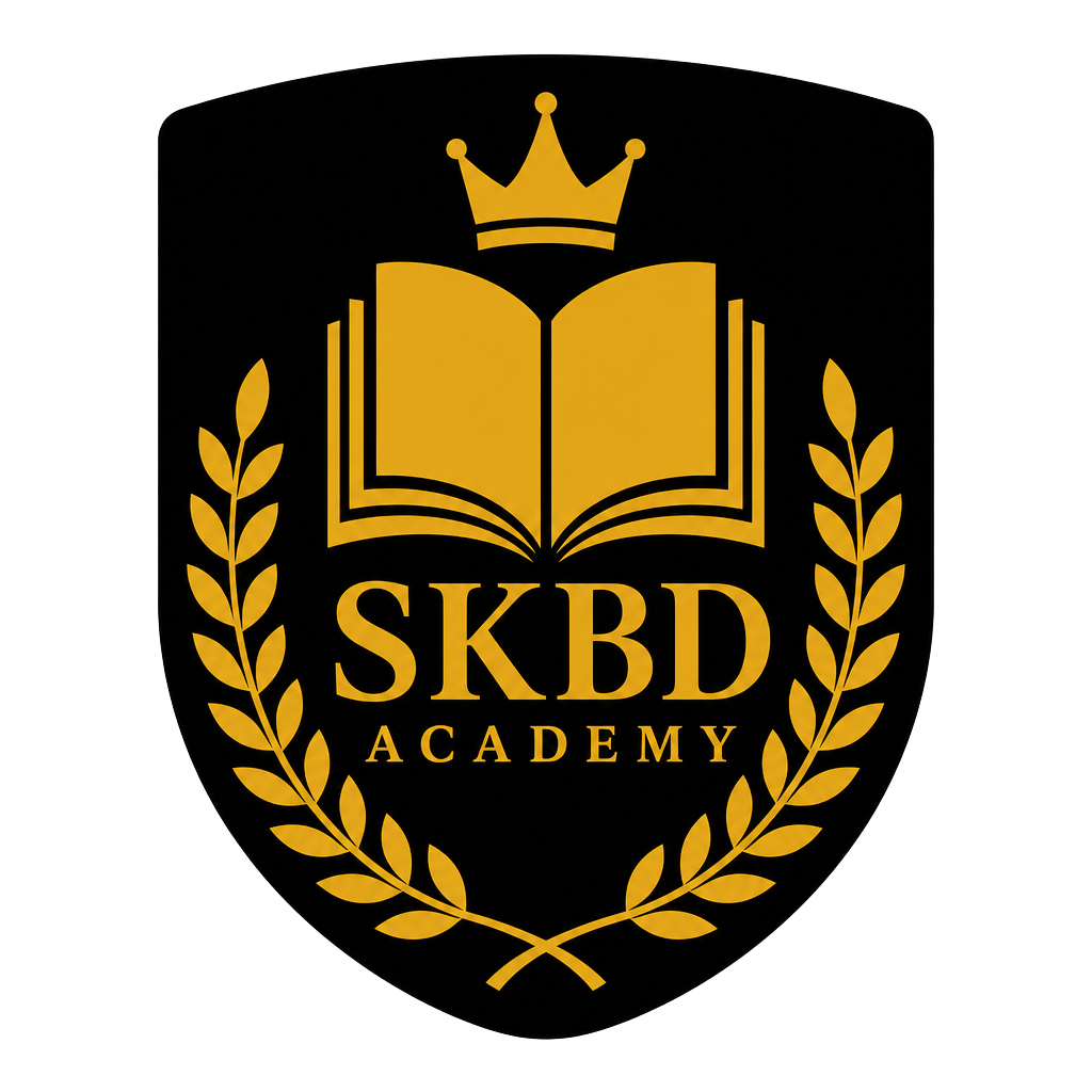 SKBD Academy crest — gold open book, crown, and laurel on a black shield